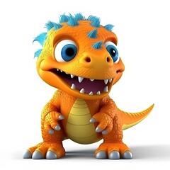 Cute orange cartoon dinosaur posing on white background, for kids' books