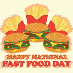 Happy National Fast Food Day with cheeseburger and fries, Vector Card