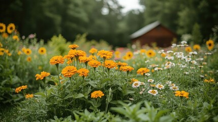 Vibrant Orange and White Flowers in a Lush Green Garden