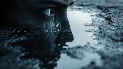 Reflection of a young person gazing into still water amidst urban surroundings at twilight. Generative AI