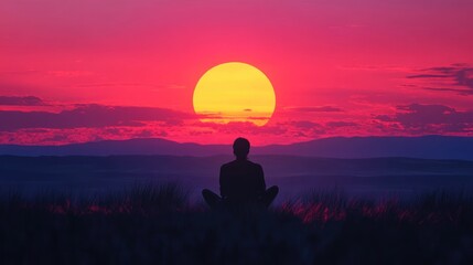 Obraz premium Sunset meditation with vibrant colors over mountain landscape and peaceful figure in silhouette. Generative AI