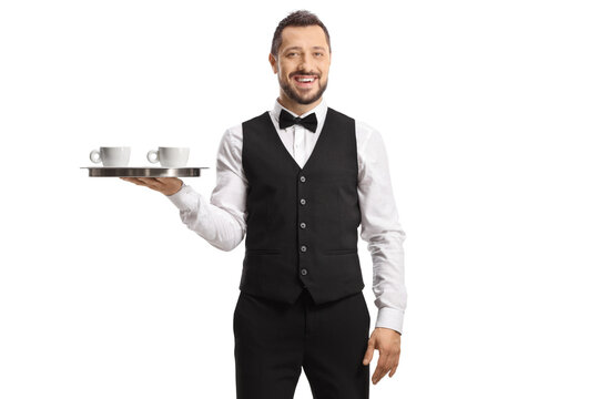 Smiling server holding a tray with coffee cups