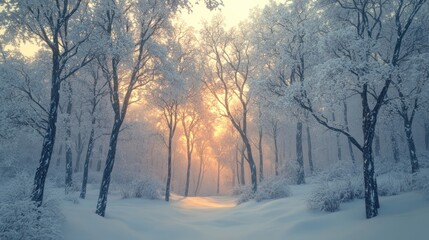 Serene winter forest at dawn with sunlight filtering through snowy trees. Generative AI