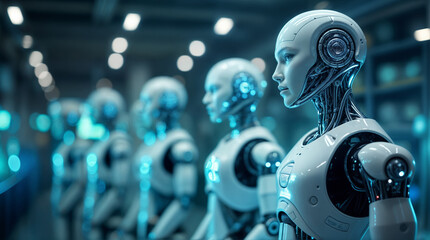 Fototapeta premium A group of white robots with a blue glow