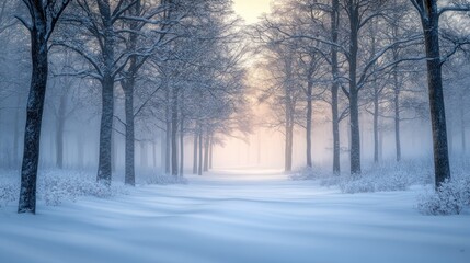 Snow-covered pathway through trees in a foggy winter landscape at dawn. Generative AI