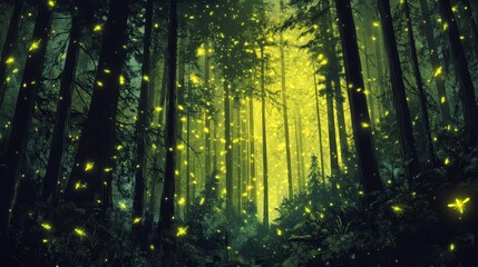 Fototapeta premium Enchanted Forest Illuminated By Fireflies Flight