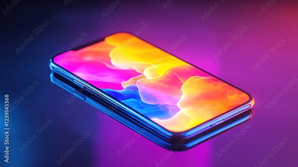 Poster colorful smartphone display with vibrant abstract patterns at night on a reflective surface. generat