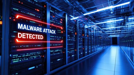 Malware attack alert displayed in a high-tech server room with illuminated servers.