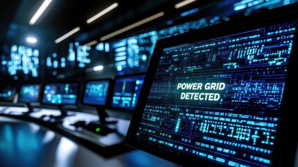 High-tech control room displaying digital data related to power grid detection.