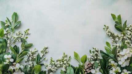 Fototapeta premium Beautiful arrangement of white flowers and green leaves against a soft background ideal for spring themes