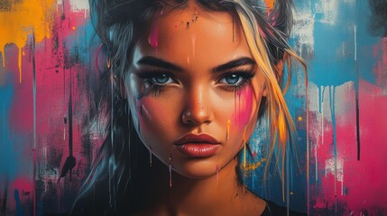 Portrait of a young woman with vibrant face paint against an abstract colorful background. Generative AI