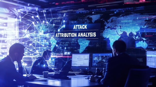 High-tech control room analyzing cyber attack data with digital maps and screens displaying information.