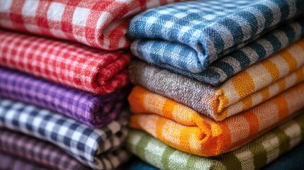 Fototapeta premium Colorful stack of checkered fabric close-up showcasing textures and patterns
