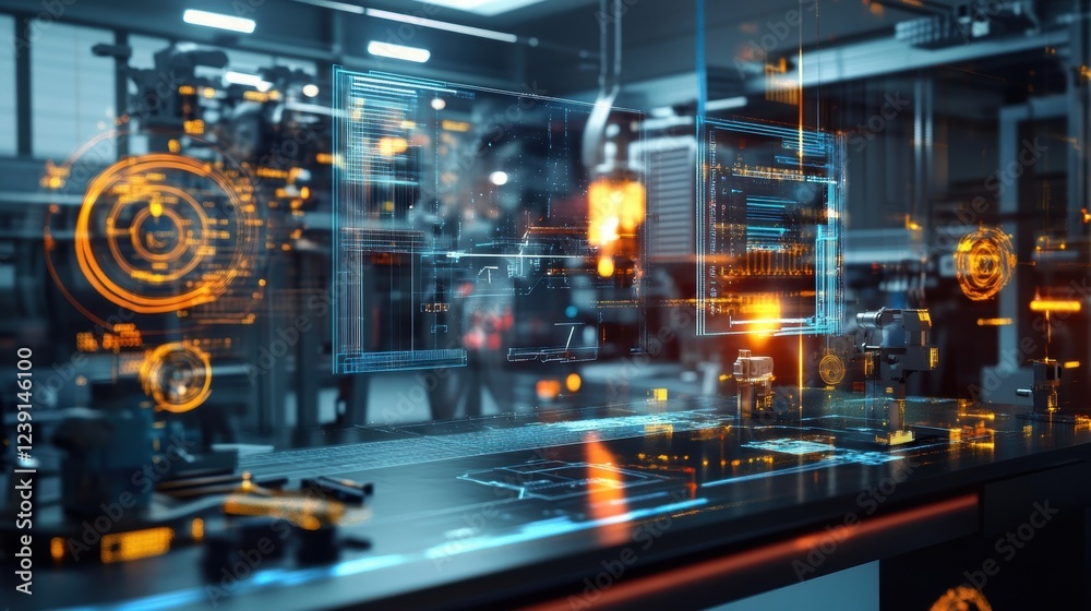 Poster innovative production line showcasing augmented reality interfaces and automated machinery, visualiz