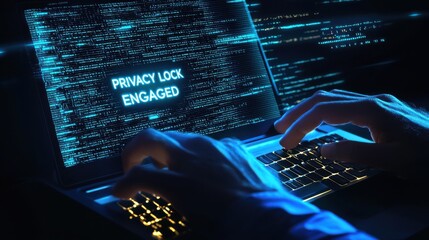 Hands typing on a keyboard with a digital screen displaying "Privacy Lock Engaged.