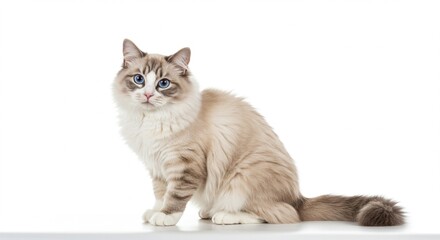 Obraz premium Adorable Ragdoll Cat Fluffy Pet Blue Eyes White Background Studio Shot
