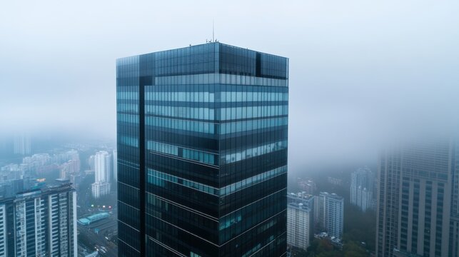 Modern Glass Skyscraper Tower Surrounded by Fog and Cloudy Atmosphere
