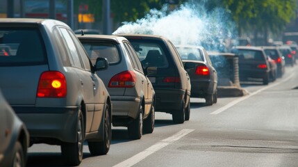 Urban Traffic Jam with Cars Emitting Exhaust in the City Streets