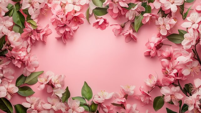 Beautiful arrangement of pink cherry blossoms on a soft pink background for spring celebrations
