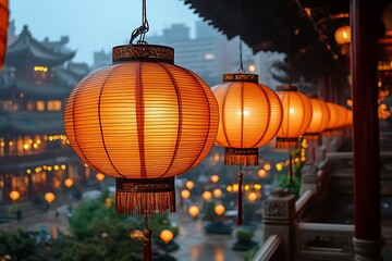 Illuminated Lanterns Hanging Over Cityscape At Night