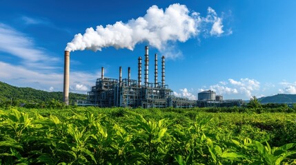 Obraz premium Industrial Power Plant Surrounded by Greenery and Blue Sky