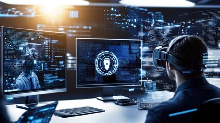 A person wearing a VR headset interacts with dual monitors displaying digital security graphics.