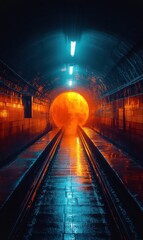 Vibrant sunset illuminates underground tunnel with glowing orange hue