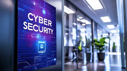Modern office hallway featuring a "Cyber Security" sign amidst greenery and contemporary design.