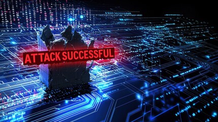 Digital illustration depicting a cyber attack with the phrase "Attack Successful" on an abstract tech background.