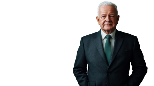 Senior businessman posing with hands in pockets on transparent background