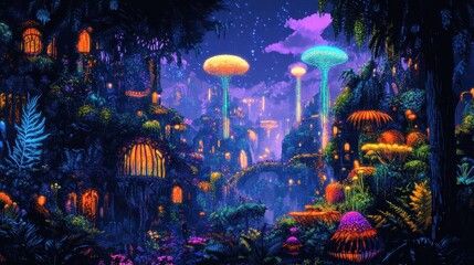 Obraz premium Luminous Forest City Illuminated Night Fantasy Landscape