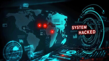 Digital world map with a warning of a system hack, featuring glowing elements and a dark background.