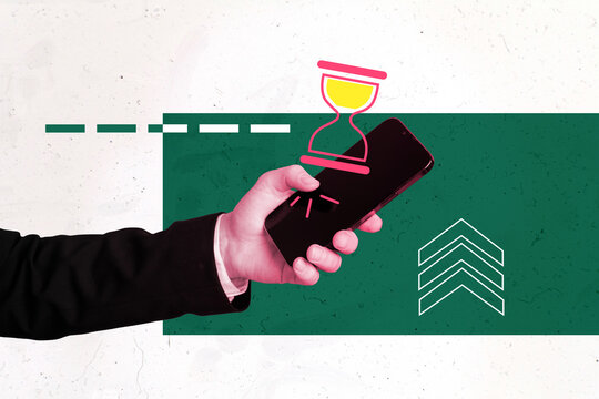 Art 3d sketch photo collage of businessman hand hold phone hourglass limit expire loading time interval programming push touchscreen