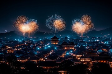 Nighttime Fireworks Display Over Ancient Chinese City