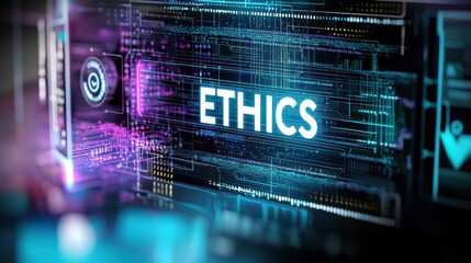 Digital representation of the word "ETHICS" in a tech-inspired design with vibrant colors.