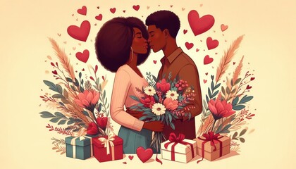 Couple in love hugging each other congratulations on Valentine's Day, Valentine's Day. illustration. created with generative AI software.