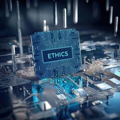 Futuristic microchip with the word "ETHICS" on a digital circuit board.