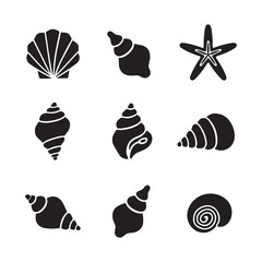 Silhouette seashells, starfish icons, minimalist beach symbols