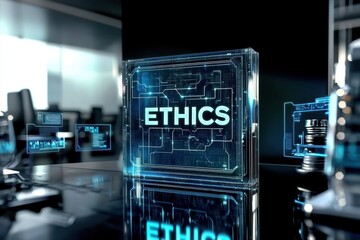 Digital display of the word "ETHICS" in a futuristic setting, highlighting ethical considerations in technology.