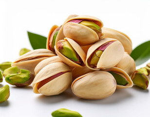 Close up de un pu&ntilde;ado de pistachos sobre fondo blanco en el dia mundial del pistacho