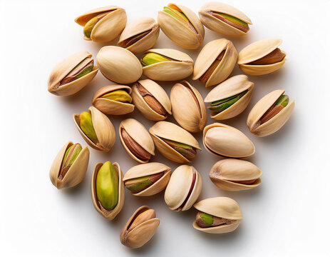 Close up de un pu&ntilde;ado de pistachos sobre fondo blanco