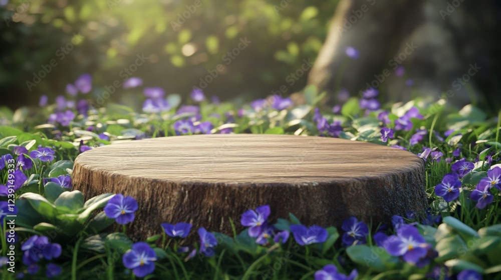 Poster a natural podium made of wood sits amidst a lush greenery adorned with beautiful purple flowers in s