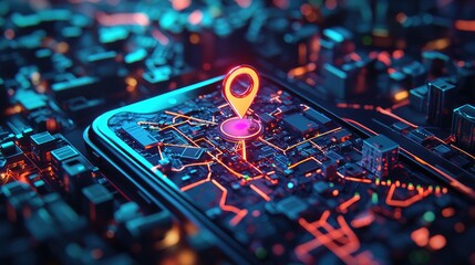Obraz premium Neon Cityscape Location Pin on Smartphone Circuit Board