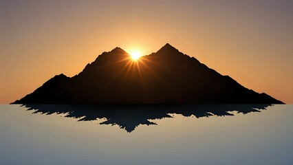 Majestic sunset silhouette of a mountainous island reflected in calm water, creating a serene and peaceful landscape.