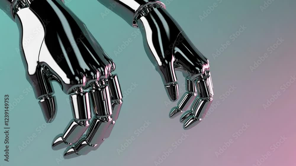 Poster two chrome metallic robot hands making gestures on a gradient teal and pink background represent art