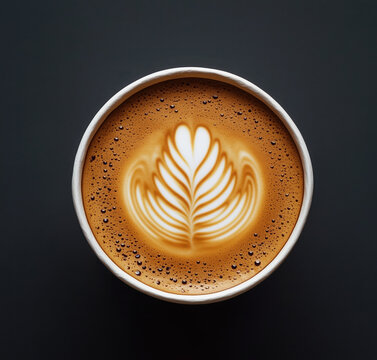 Takeaway cardboard cup of cappuccino with latte art on black background