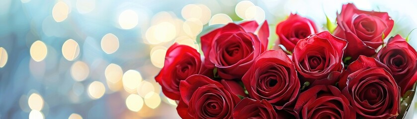 Fototapeta premium Red Roses Heart Shape With Abstract Defocused Lights - Valentines Day Card. MZ