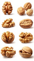 Various close up views of walnuts showing their texture and shape against a white background