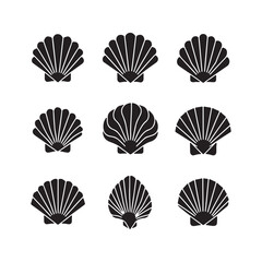 Minimalist seashell icons, scallop shells black silhouettes