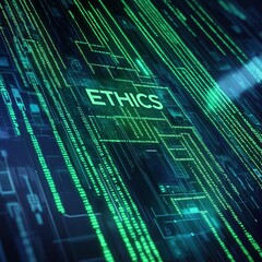Obraz premium Digital representation of ethics in a futuristic code-like design with green elements.